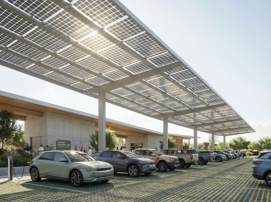 Row of electric vehicles in various muted colors charging at a solar-canopied station