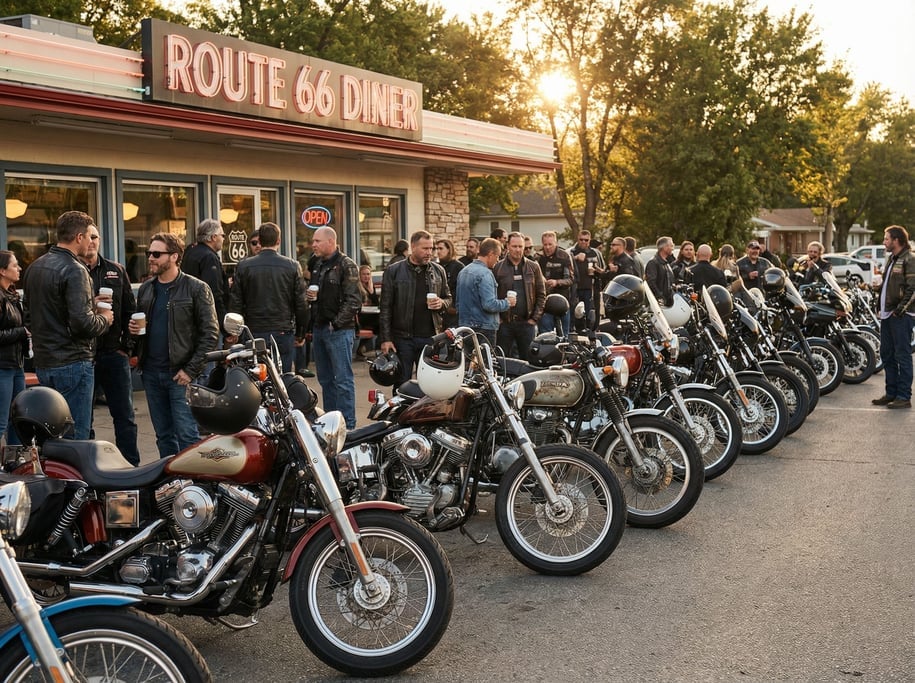 Line of motorcycles parked diagonally at a roadside cafe