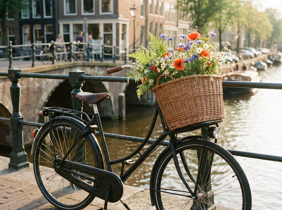 Dutch-style city bicycle in black with front basket carrying a bouquet of wildflowers