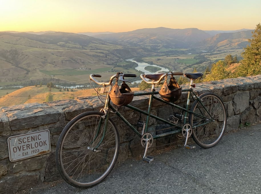 Tandem bicycle parked at a scenic overlook, two helmets hanging from the handlebars