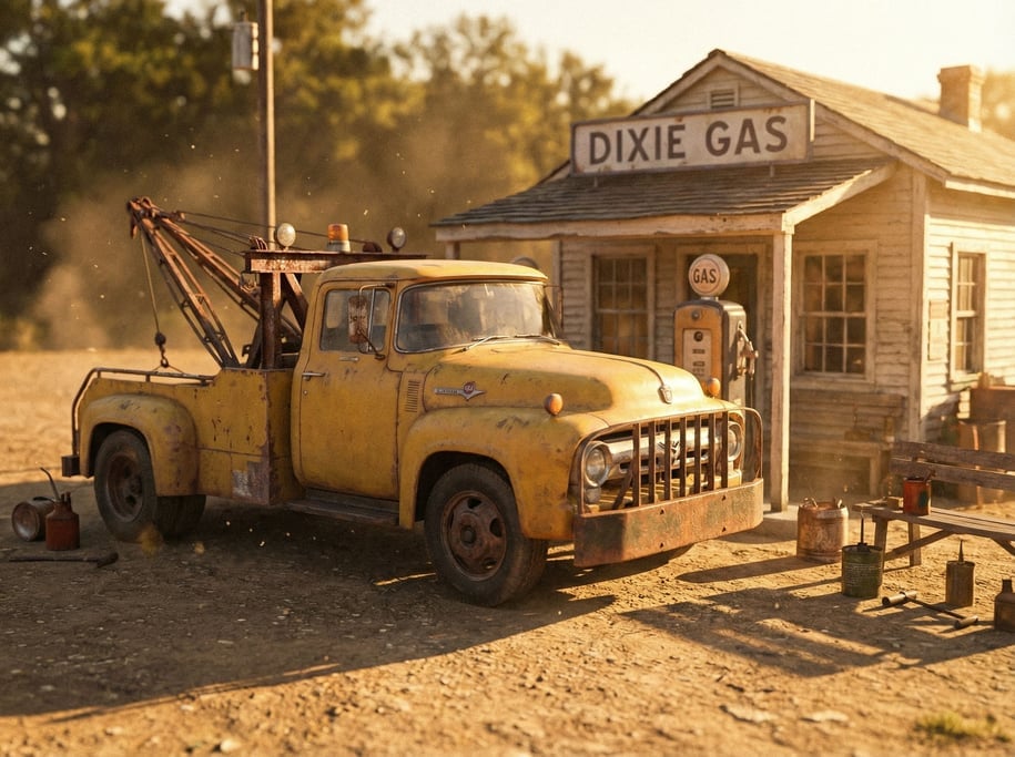 Vintage tow truck in faded yellow with a boom crane, parked in a dusty lot beside a gas station