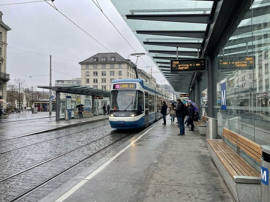 Tram stop in a European city with a modern low-floor tram arriving, glass shelter, digital display