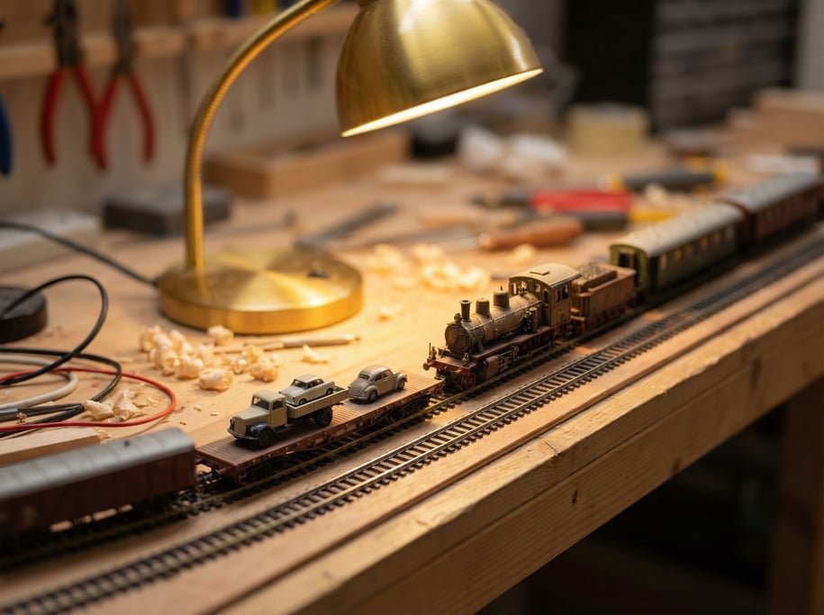 Model railway layout close-up, a miniature locomotive on tiny tracks through a detailed landscape