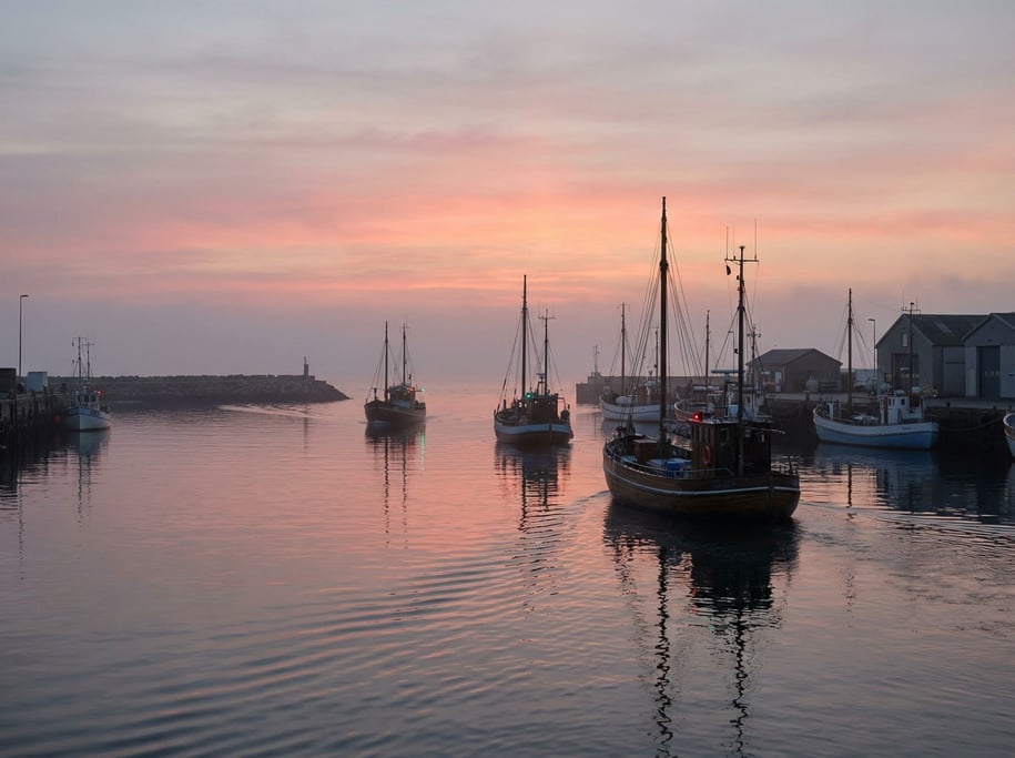 Harbor at dawn with fishing boats heading out, silhouettes against a pink and grey sky