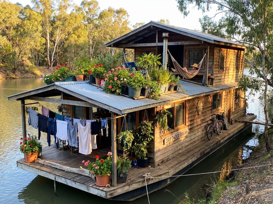Houseboat on a river, laundry drying on deck, potted plants on the roof