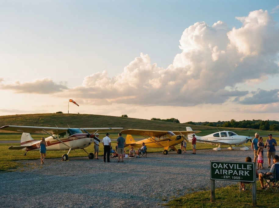 Small airfield with three different single-engine planes parked on the apron
