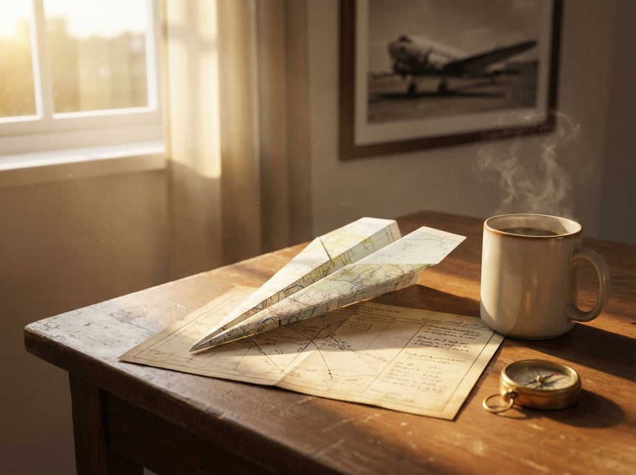 Paper airplane resting on a wooden desk beside a real flight chart and a cup of coffee
