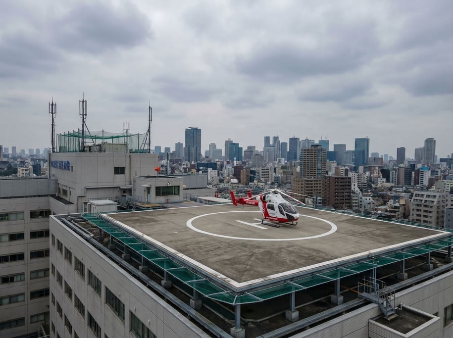 Helicopter on a hospital rooftop helipad, the H marking visible, city skyline in the background