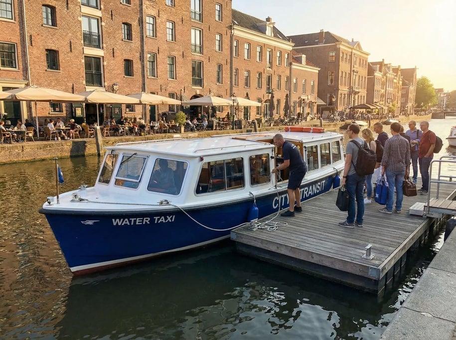 Water taxi in white and blue livery docking at a floating pontoon, passengers about to board