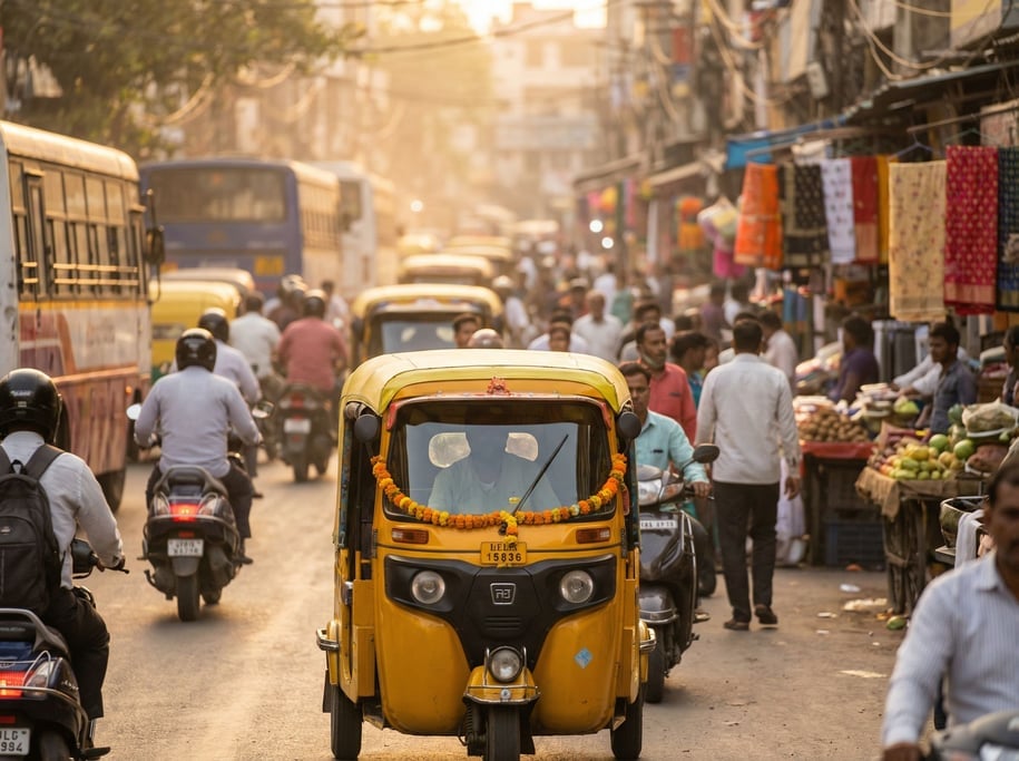 Autorickshaw in bright yellow on a crowded South Asian street