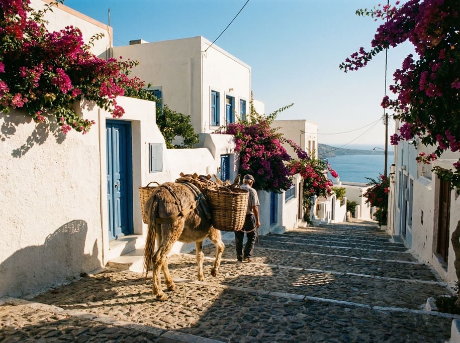Donkey carrying baskets on a steep stone path in a Greek island village, whitewashed walls