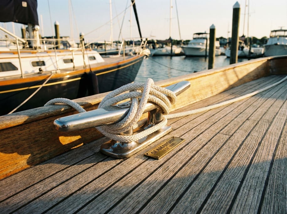Boat cleat with a perfectly coiled docking line in white braided rope, teak deck beneath