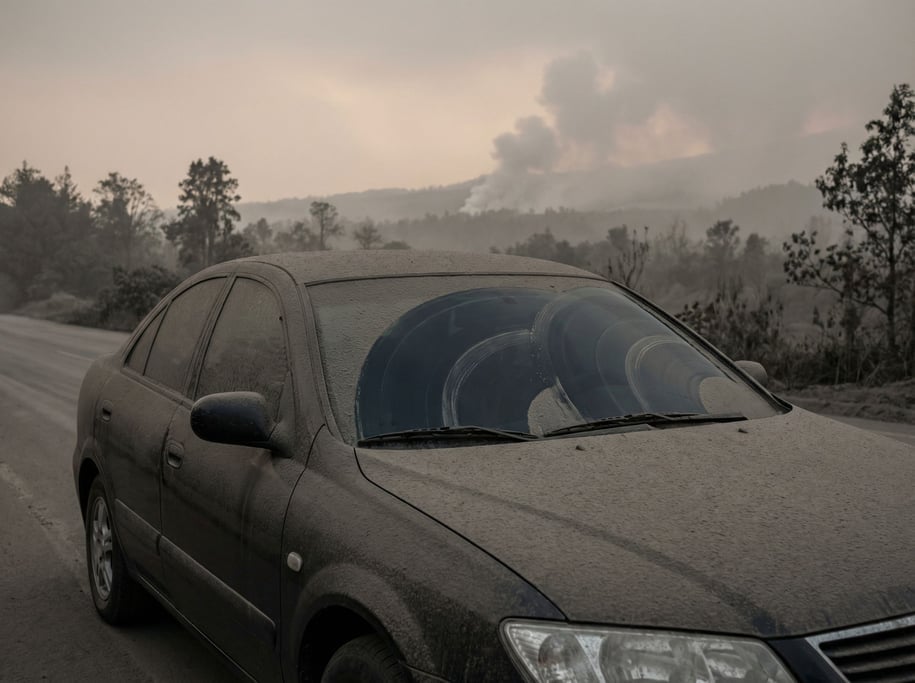 Car covered in a light dusting of volcanic ash, the grey powder blanketing every surface