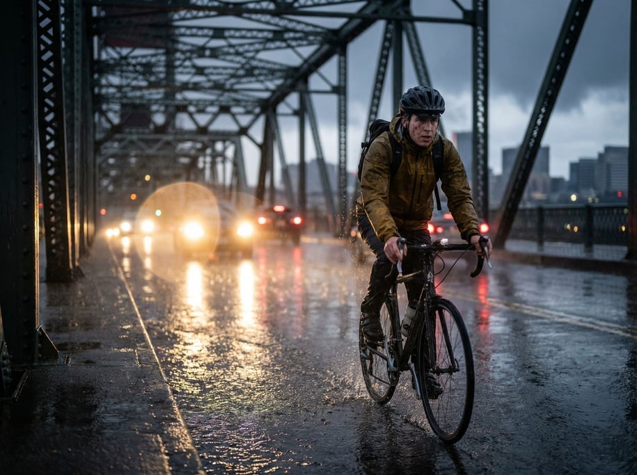 Bicycle commuter on a bridge in driving rain, rain jacket glistening, spray from the tires