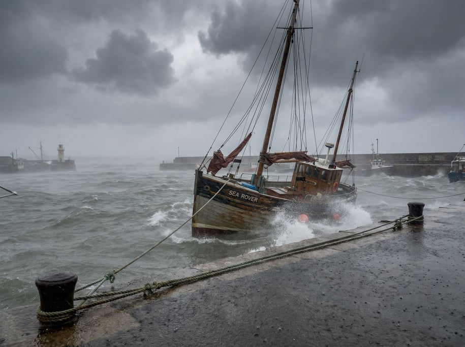 Boat bobbing in a harbor during a gale, ropes straining, waves sloshing against the hull