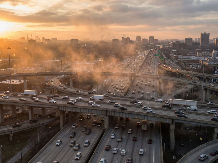 Multi-level highway interchange in concrete and steel, vehicles flowing in organized streams