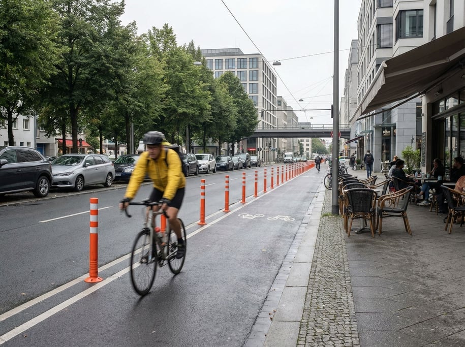 Bicycle lane separated by bollards on a city street, a cyclist in motion blur