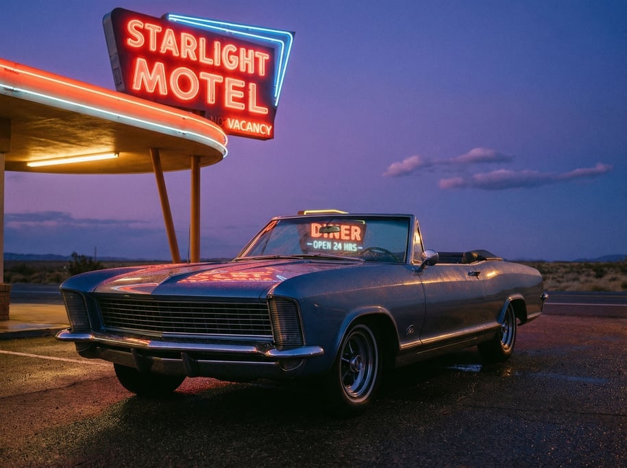 Vintage car parked in front of a neon-lit motel at blue hour