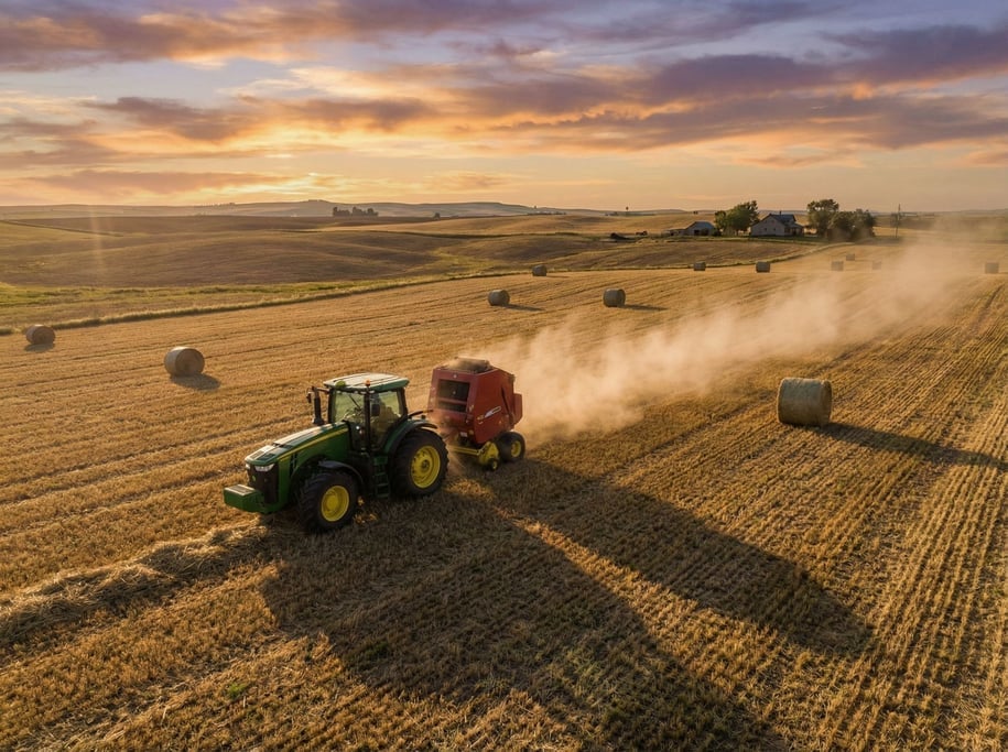 Tractor and hay baler working a golden field at sunset, dust cloud trailing behind