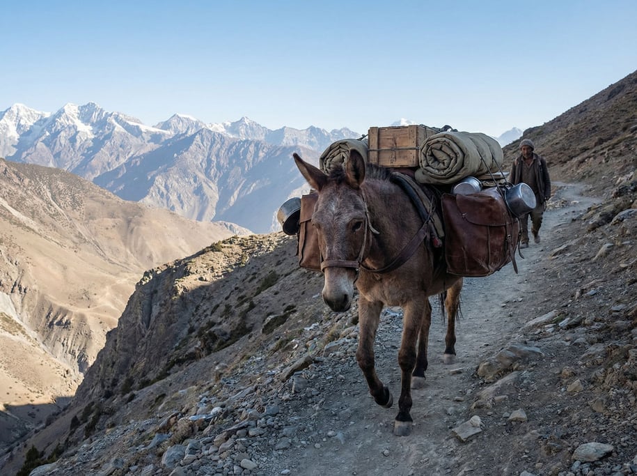 Pack mule on a narrow mountain trail above the treeline, loaded with camping gear
