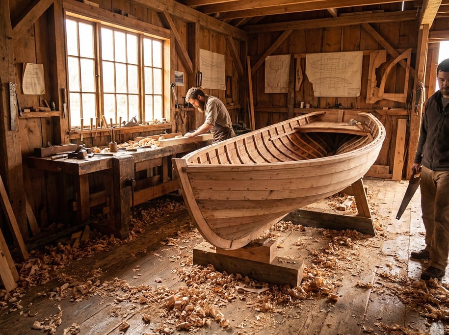 Wooden boat-building workshop with a half-planked hull on stocks, hand tools on the bench