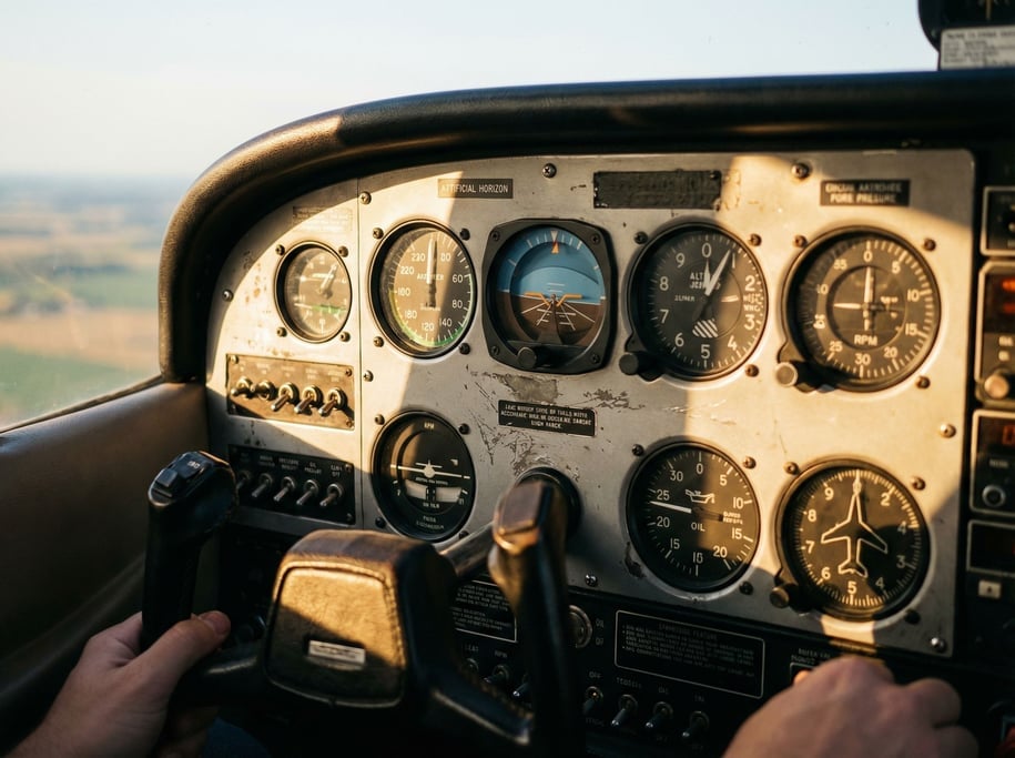 Aircraft instrument panel in a small prop plane, rows of analog gauges and switches