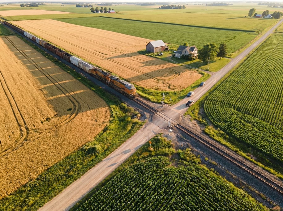 Drone shot of a rural railway crossing