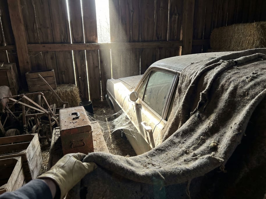 Barn find scene — a dust-covered classic car partially visible under old blankets in a dim wooden ba