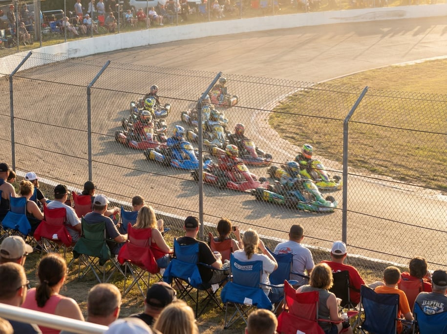 Go-kart track from the spectator area, a pack of karts entering a corner in formation