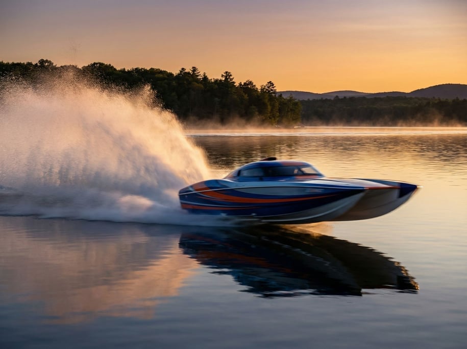 Speedboat at full throttle on a glassy lake, rooster tail spray arcing behind