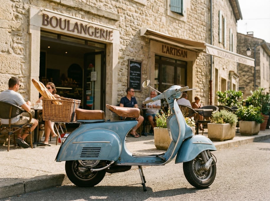 Classic Italian scooter in powder blue parked outside a patisserie with a baguette in the rear baske