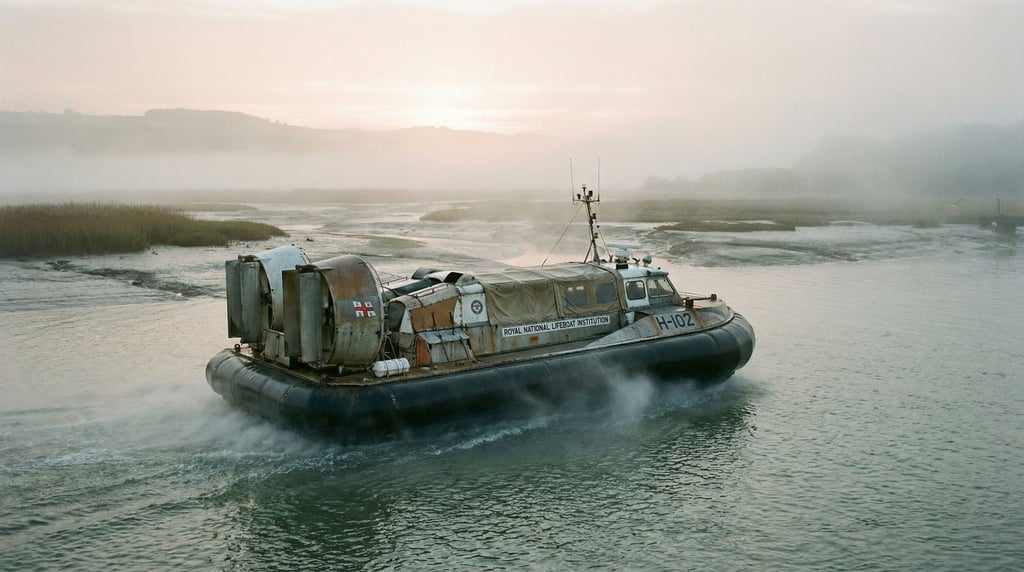 Hovercraft crossing a misty estuary at dawn, spray skirts inflated