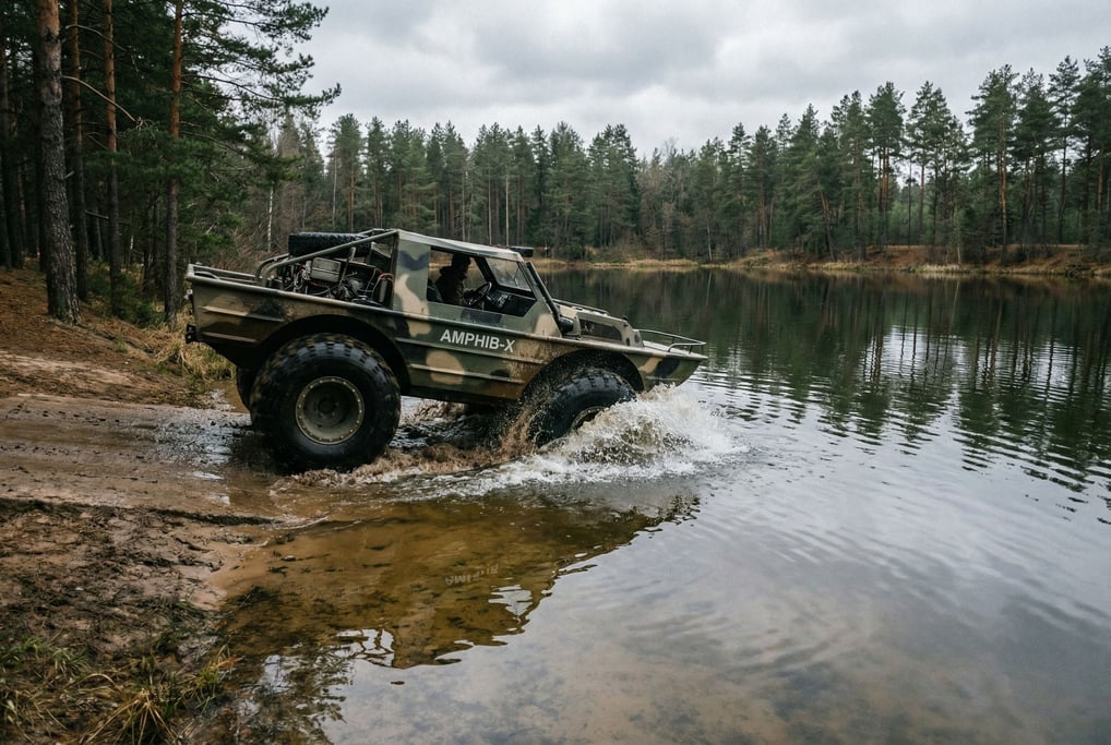 Amphibious vehicle entering a lake from a muddy ramp, water splashing around the front wheels