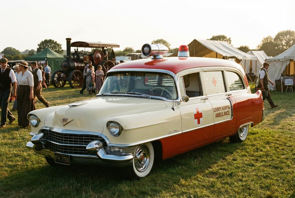 Vintage ambulance in cream and red parked at a country fair, chrome siren on the roof