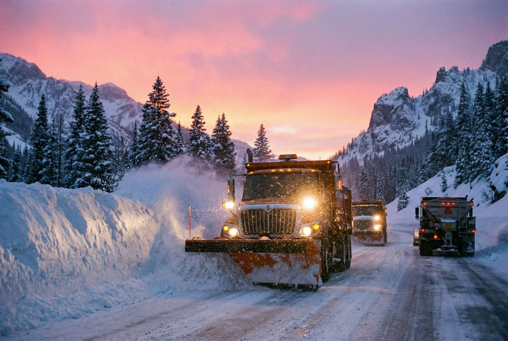 Snowplow truck pushing a wall of snow on a mountain highway at dawn