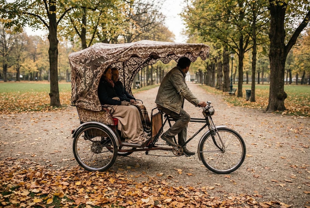 Pedal-powered rickshaw in a park, the ornate canopy casting shadow patterns on the path