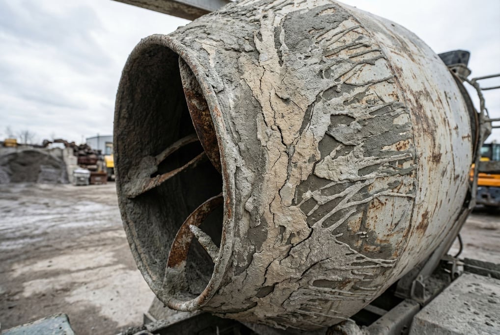 Cement truck drum close-up, dried splatter and residue creating an abstract texture on the rotating