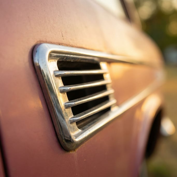 Vintage car side vent detail, the chrome slats catching afternoon light