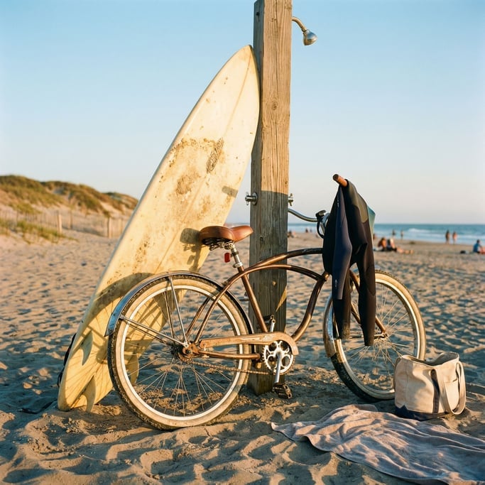 Surfboard and bicycle leaning together against a beach shower post, sand on both