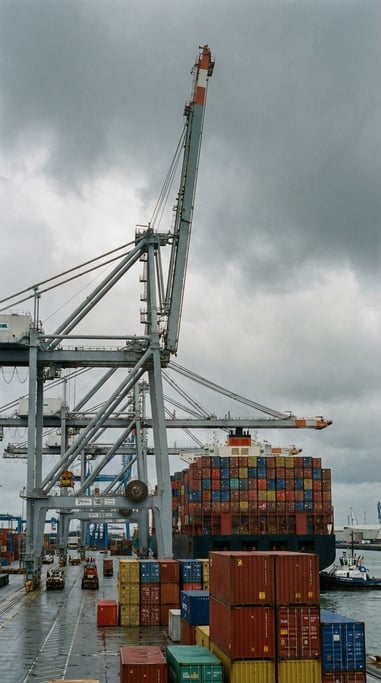 Vertical shot of a harbor crane towering above a container ship