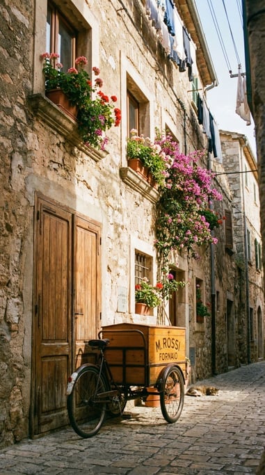 Narrow alley with a vintage delivery bicycle with front cargo box parked against a tall door