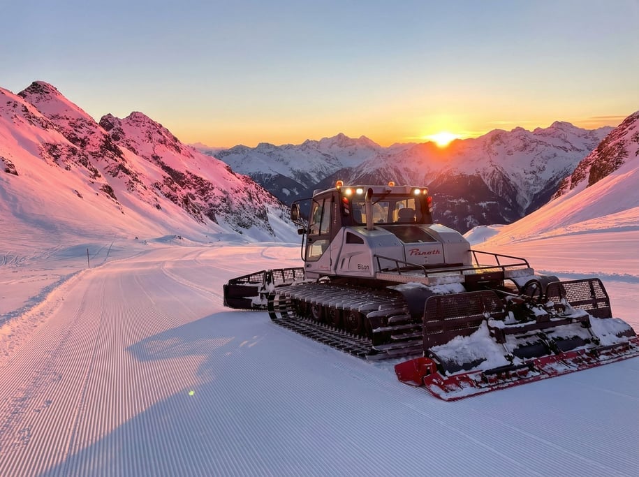 Snow groomer machine on a ski slope at sunset