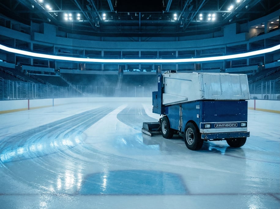 Zamboni ice resurfacer making a turn on an empty hockey rink, the wet ice gleaming behind it