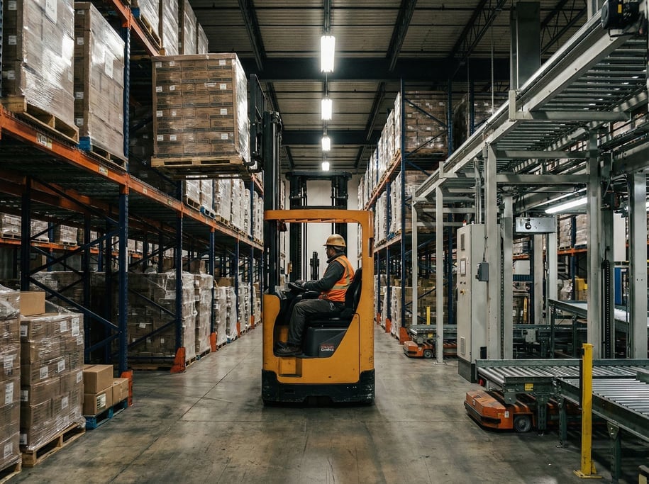 Forklift in a warehouse aisle, pallets stacked high on either side