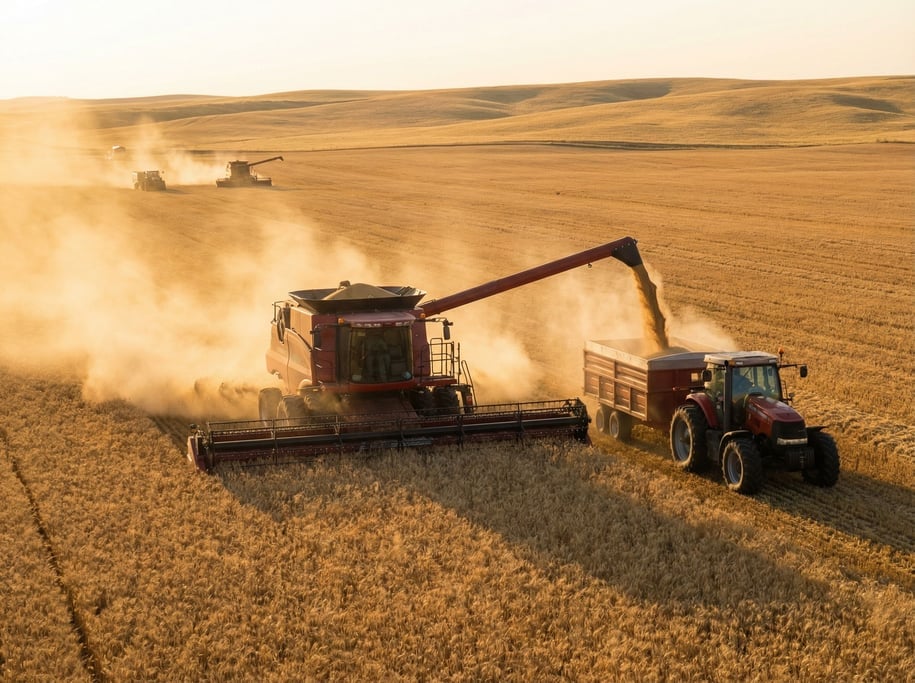 Combine harvester at work in a vast wheat field