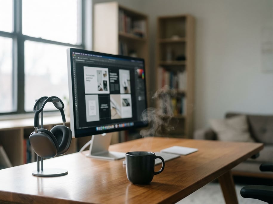 A modern creative studio with a large screen showing design work, clean desk (ebqixbc)