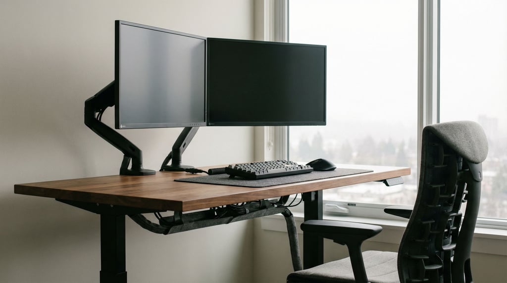 A modern workspace with dual monitors on a sit-stand desk, cable-managed, warm wood and matte black (mstea18u)