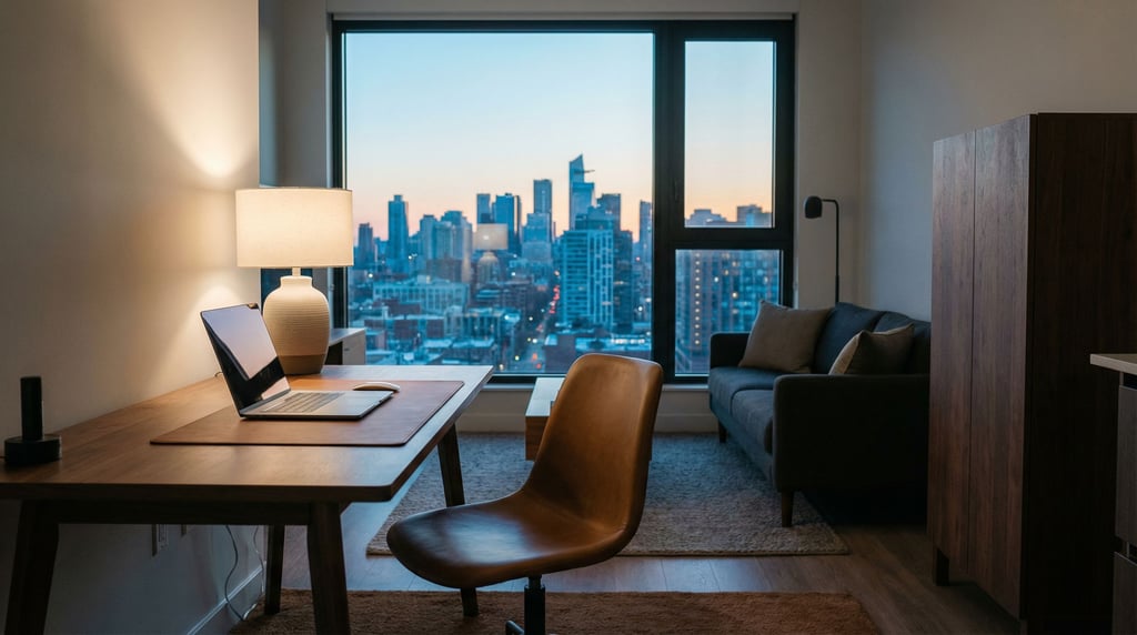 A modern studio apartment workspace, laptop on a walnut desk (o8u0t5vo)