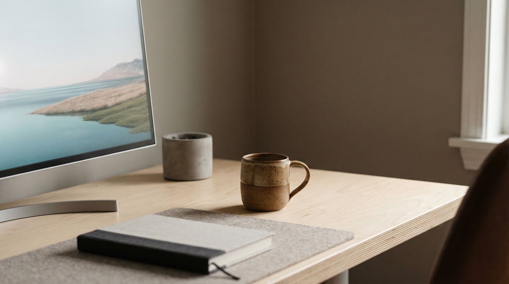 A minimal Scandinavian desk setup, light birch wood, slim monitor, single ceramic mug