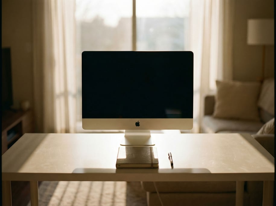 A clean white desk with an iMac, single notebook, and a pen, everything aligned and minimal